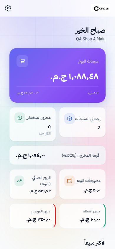 لوحة Circle: المبيعات وقيمة المخزون والمستحقات